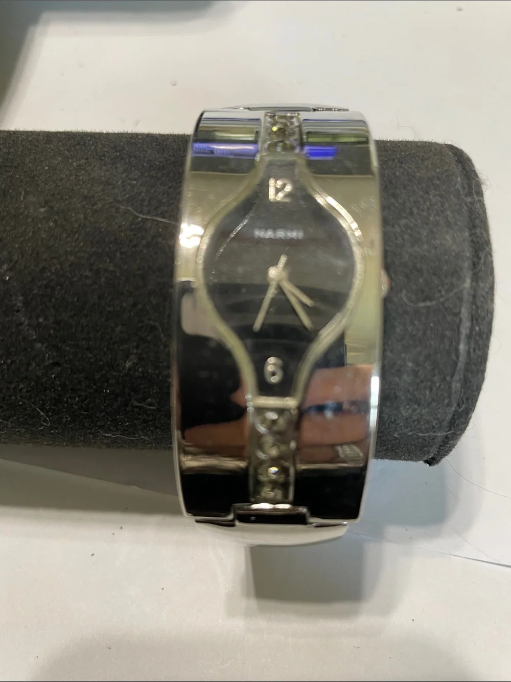 Narmi Women's Silver Bracelet Watch with Black Dial Face.  Needs Battery.